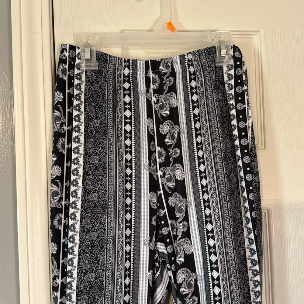 patterned black and white flare pants